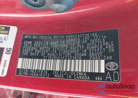 2015 Toyota Corolla Le z USA, uszkodzony, nr VIN 2T1BURHE4FC331826